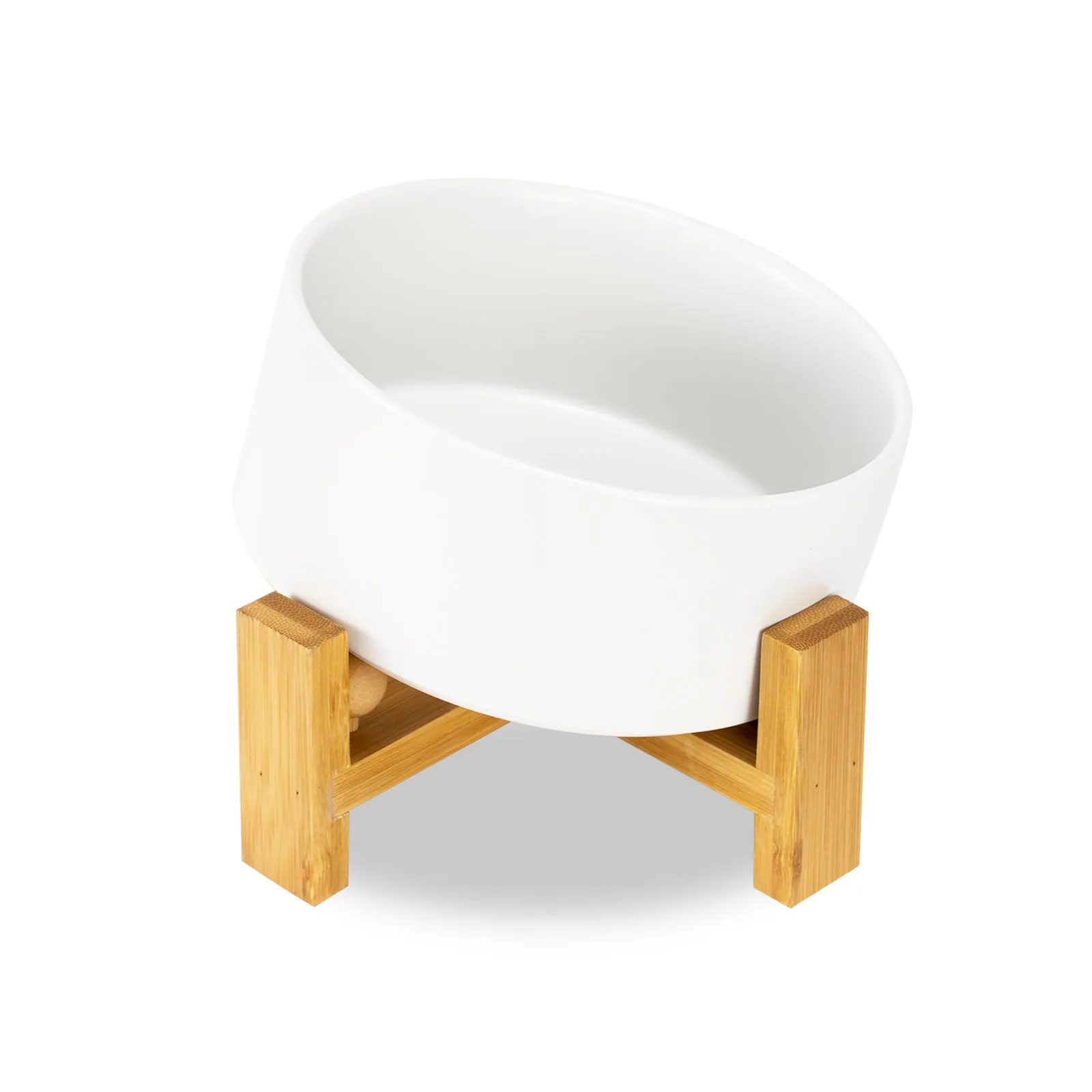 15° Slanted Ceramic Pet Bowl with Wooden Stand | Tilted Bowl for Cats & Flat Face Pets