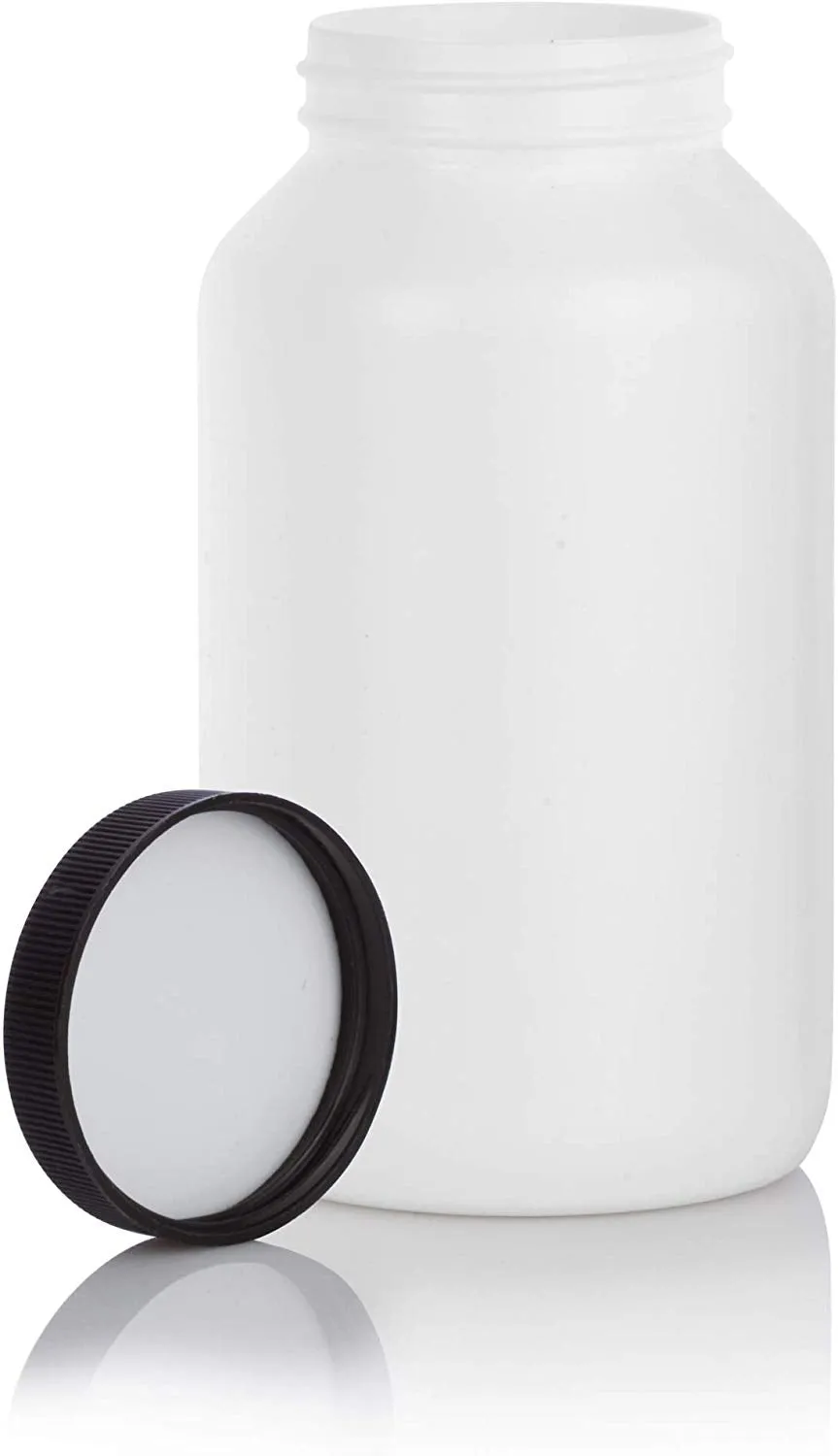5 oz White HDPE Plastic Packer Bottle with Black Ribbed Lid (6 Pack)
