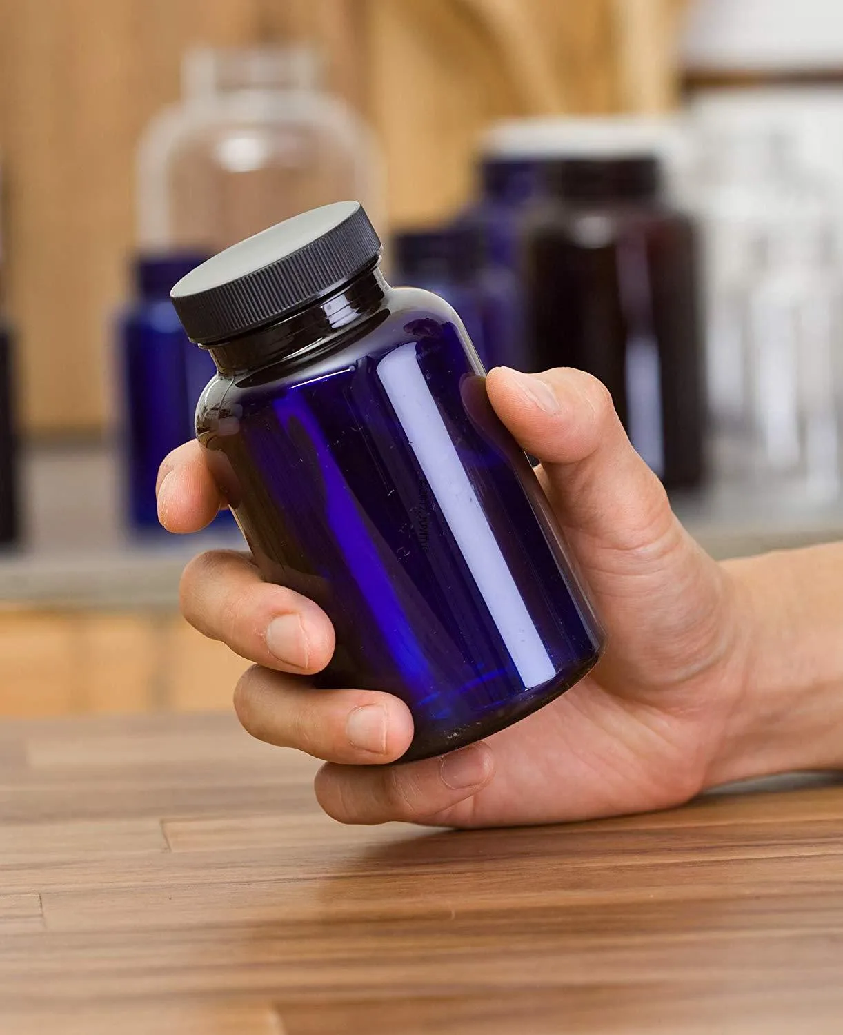 8 oz Cobalt Blue Plastic Wide Mouth Packer Bottle with Black Ribbed Lid