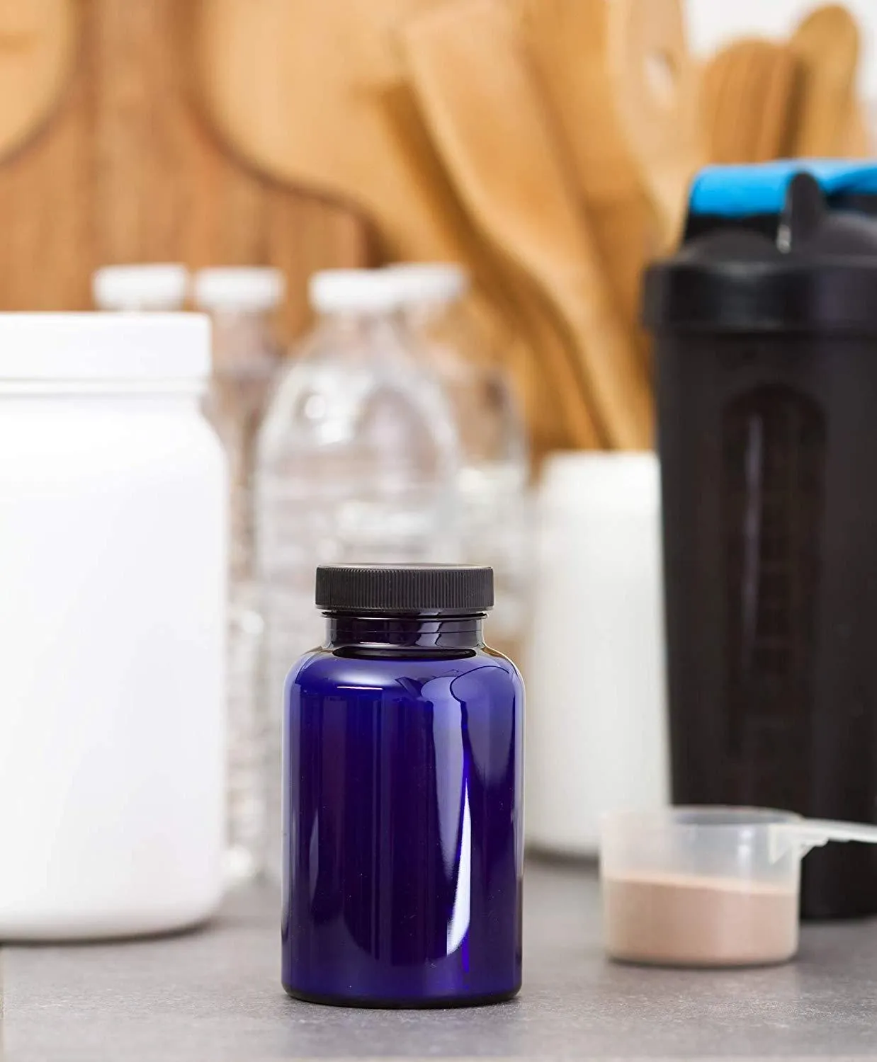 8 oz Cobalt Blue Plastic Wide Mouth Packer Bottle with Black Ribbed Lid