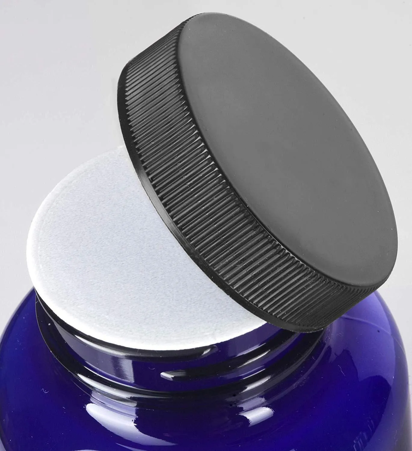 8 oz Cobalt Blue Plastic Wide Mouth Packer Bottle with Black Ribbed Lid