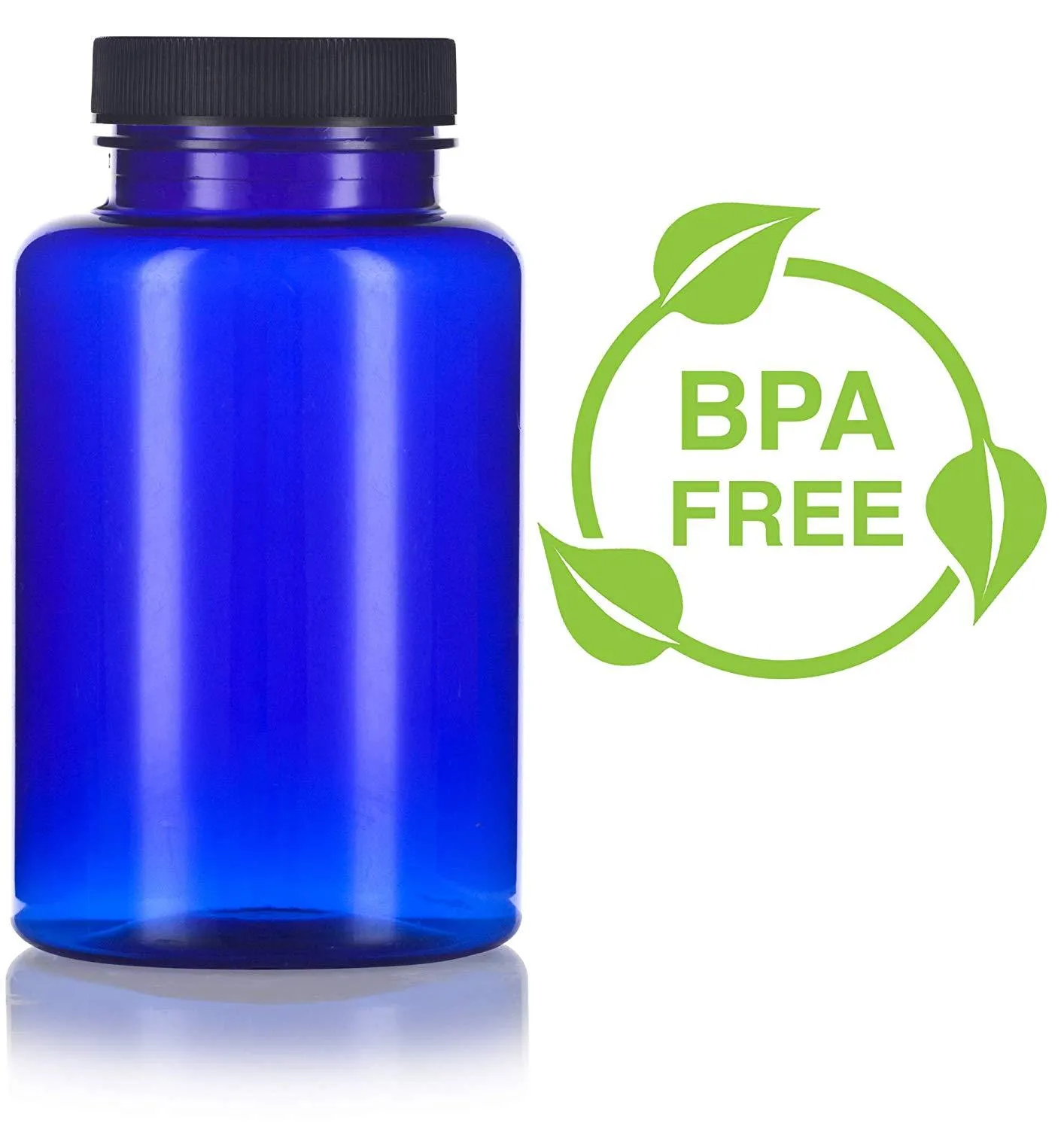 8 oz Cobalt Blue Plastic Wide Mouth Packer Bottle with Black Ribbed Lid