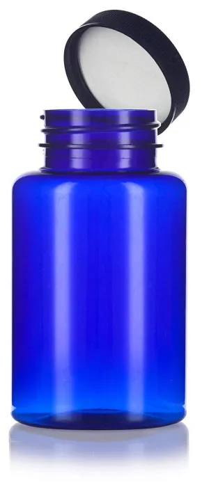 8 oz Cobalt Blue Plastic Wide Mouth Packer Bottle with Black Ribbed Lid
