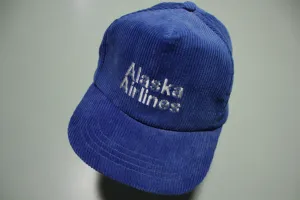 Alaska Airlines Vintage Blue Corduroy 80's Adjustable Back Company Hat