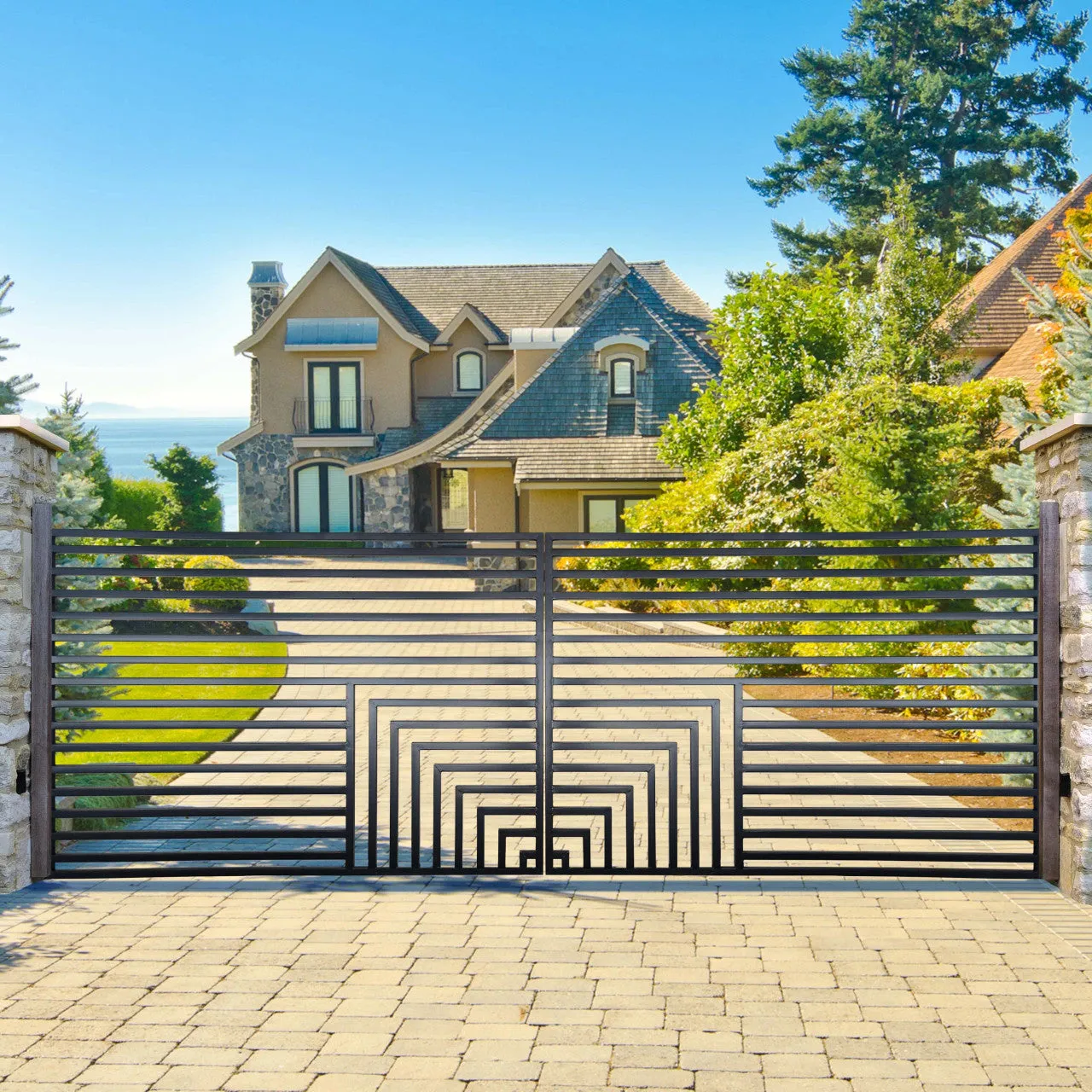 Aleko Steel Dual Swing Driveway Gate - Florence Style - 12 x 6 Feet
