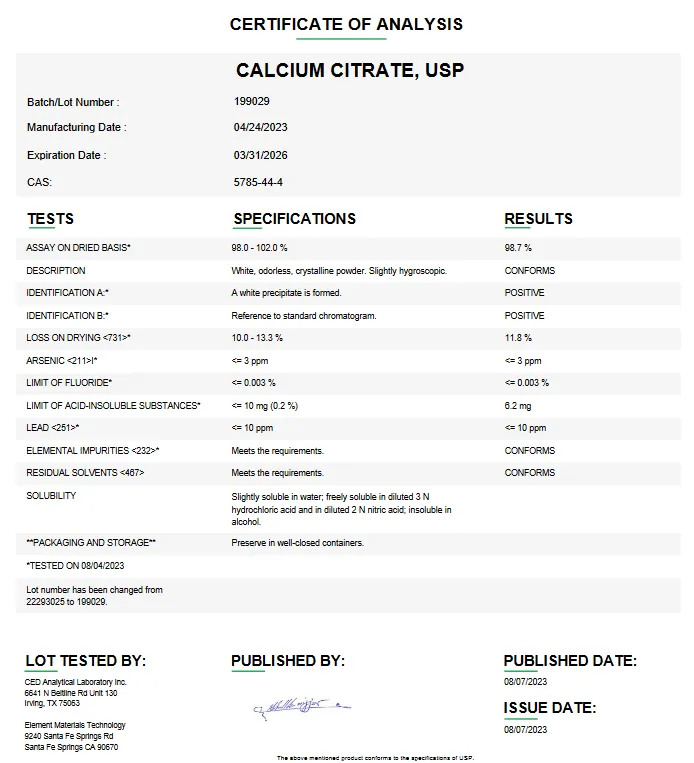 Calcium Citrate USP For Compounding (API) (Rx)