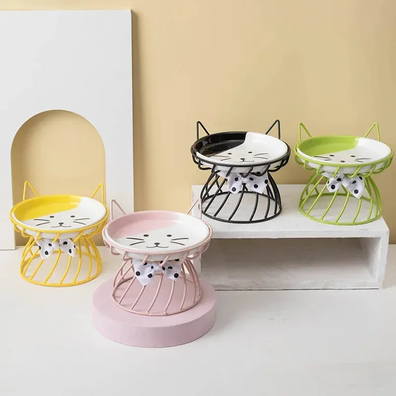 Elevated Ceramic Cat Bowl with High-Foot Design and Neck Guard