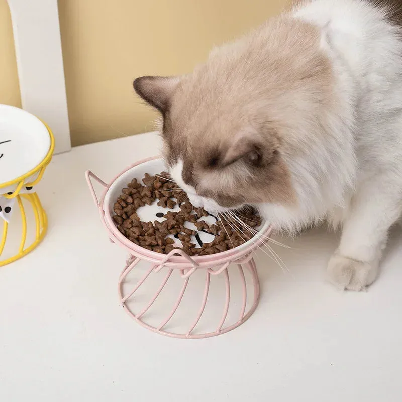 Elevated Ceramic Cat Bowl with High-Foot Design and Neck Guard