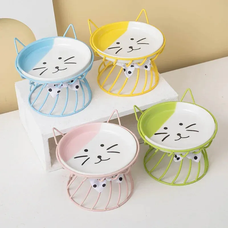 Elevated Ceramic Cat Bowl with High-Foot Design and Neck Guard