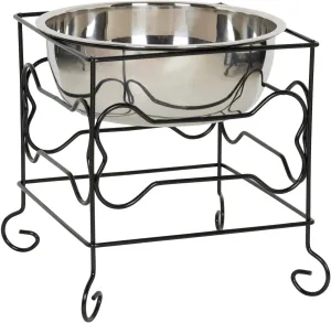 Elevated Stainless Steel Pet Bowl with Stylish Black Wrought Iron Stand - 10-Inch Capacity (10.75 Cups)