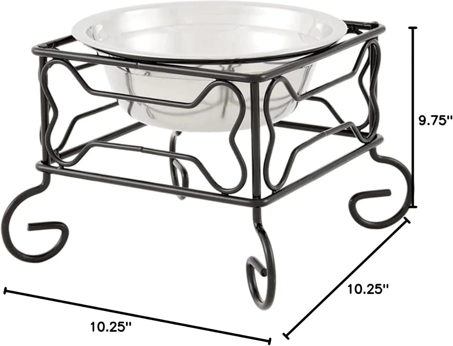 Elevated Stainless Steel Pet Bowl with Stylish Black Wrought Iron Stand - 10-Inch Capacity (10.75 Cups)
