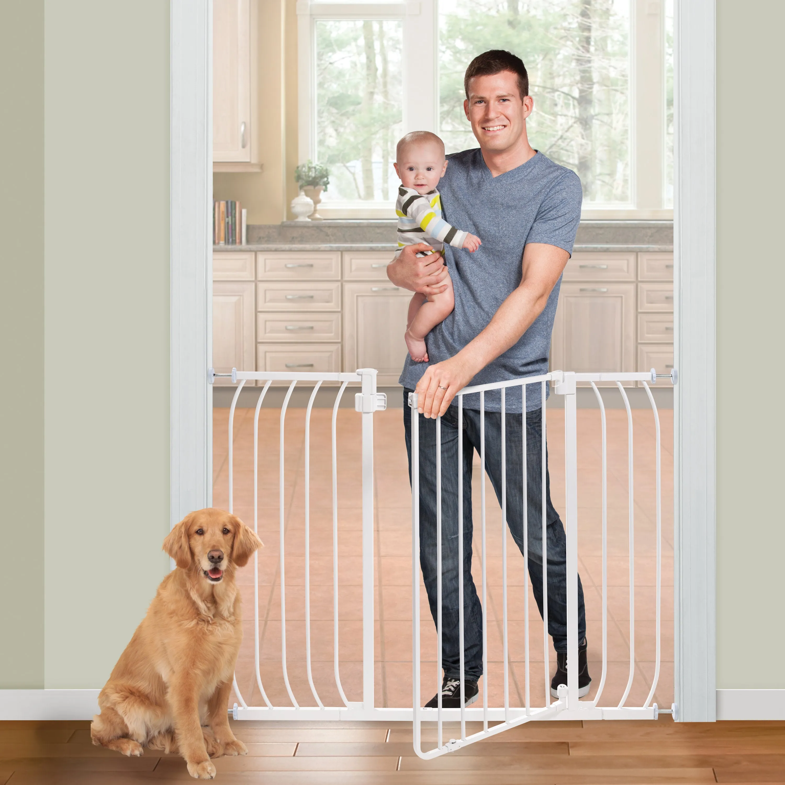 Multi-Use Extra Tall Walk-Thru Pet and Baby Gate, Openings 29"-48" Wide, 36" Tall - White