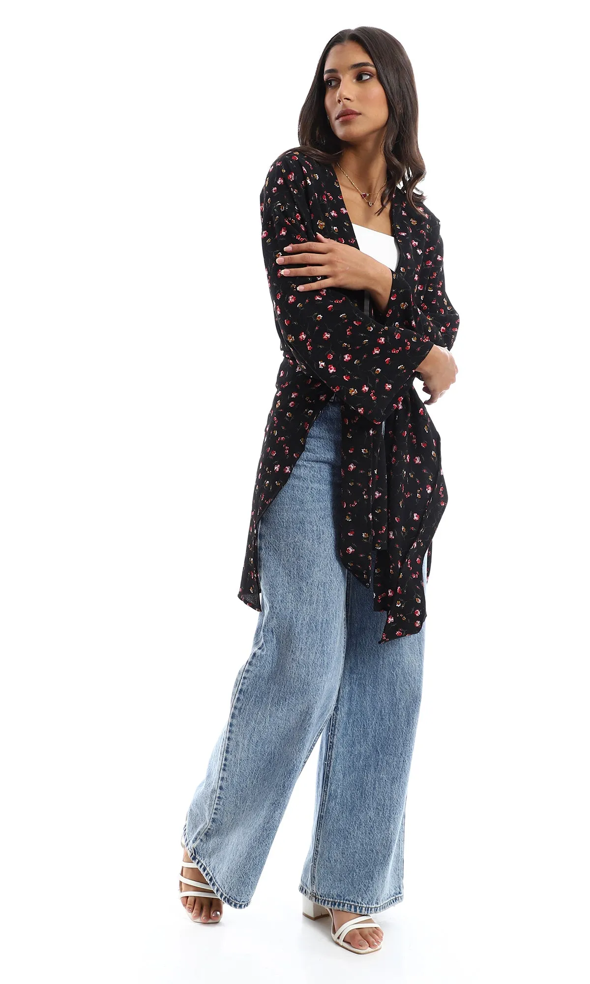 O151262 Long Summery Floral Black Kimono
