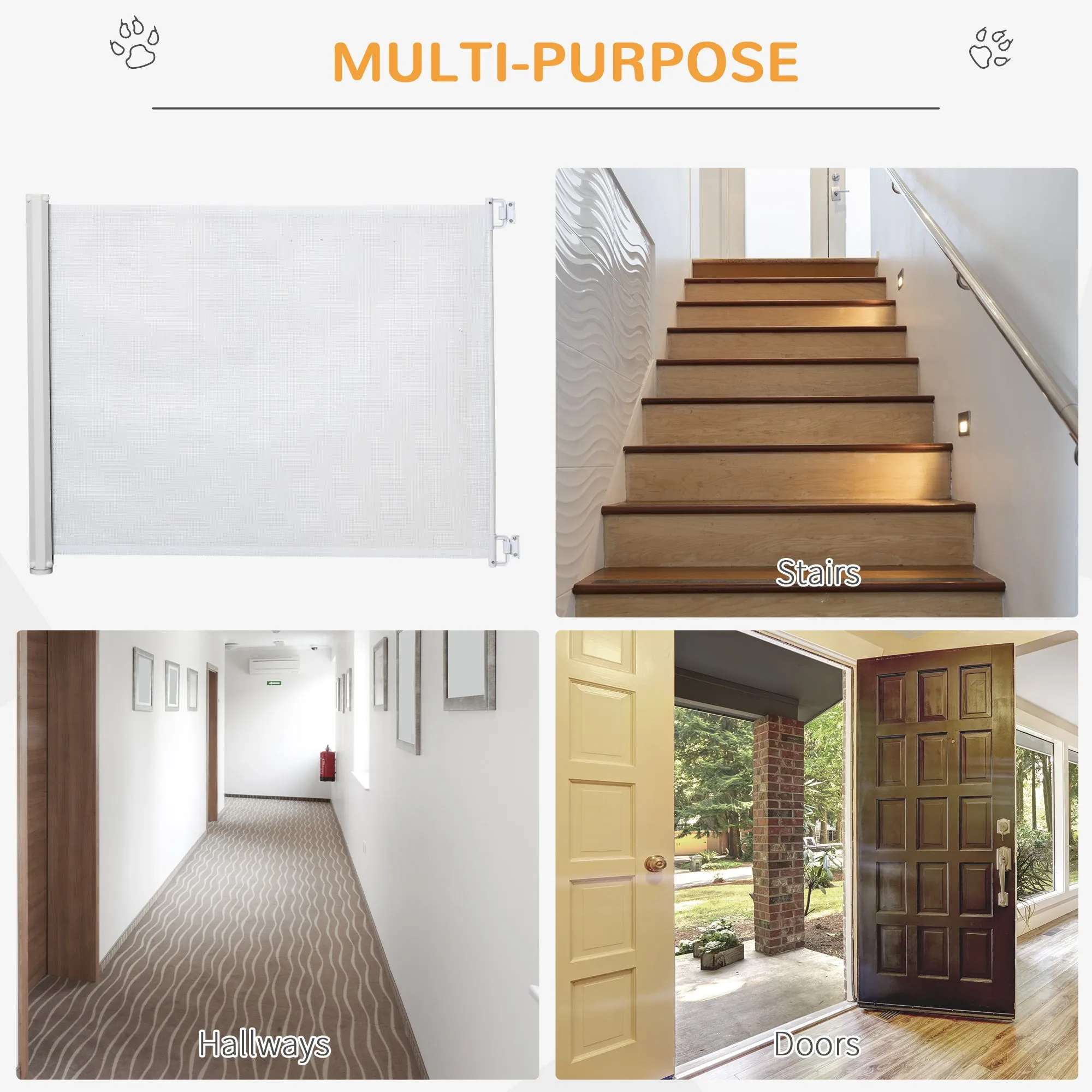 PawHut Retractable Pet Safety Gate, Folding Stair Barrier, Guard Door - White