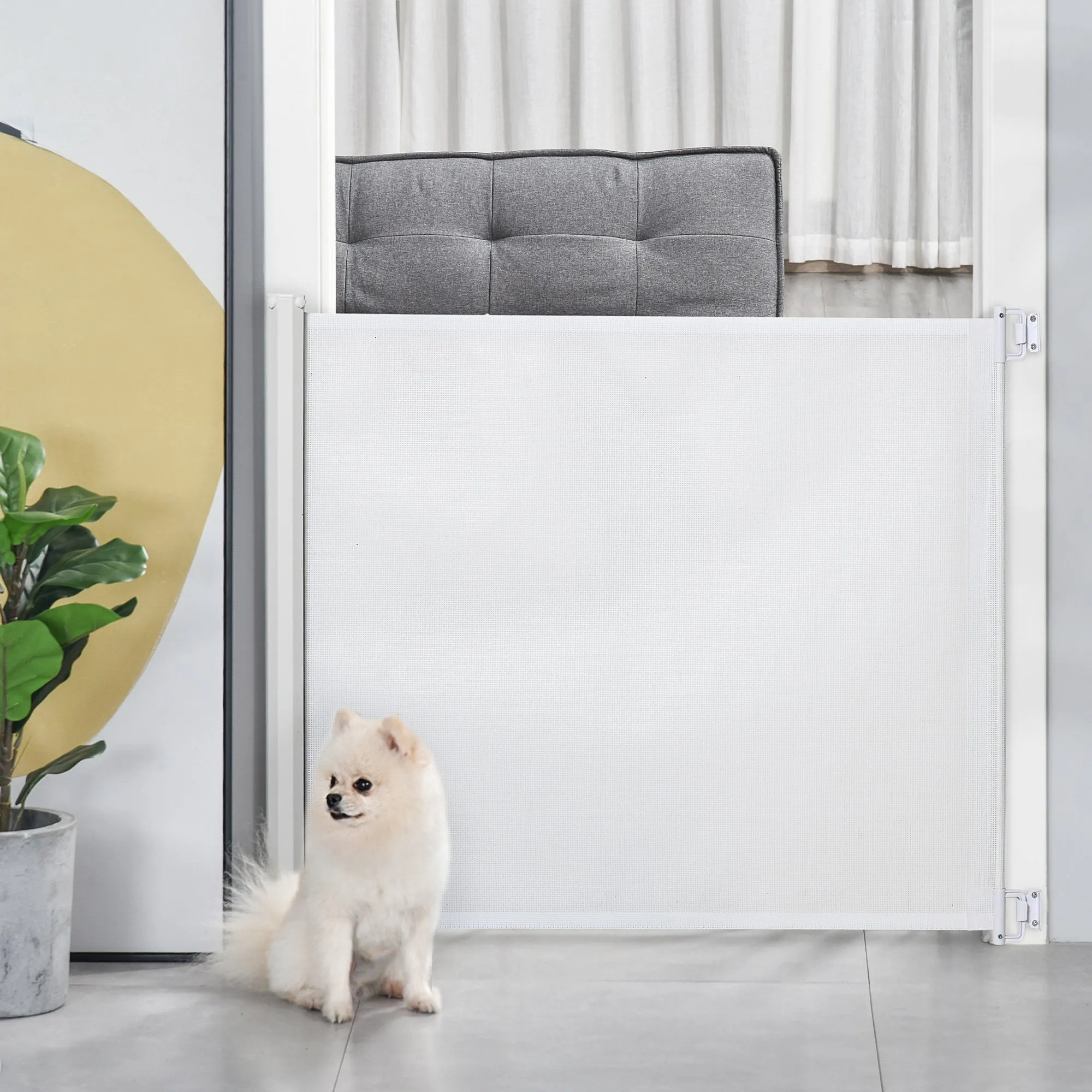 PawHut Retractable Pet Safety Gate, Folding Stair Barrier, Guard Door - White