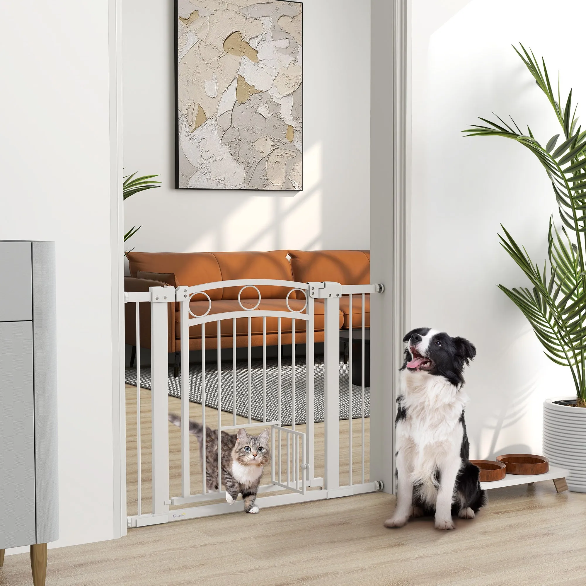 PawHut Stair Gate with Cat Door, Adjustable Width - White
