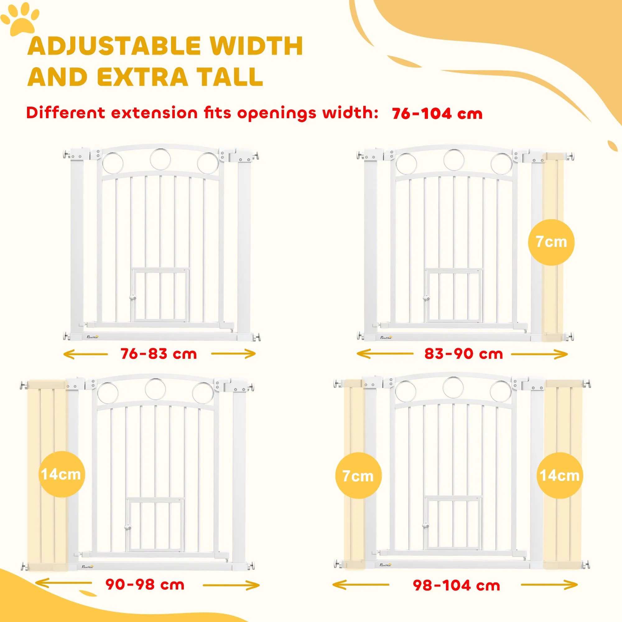 PawHut Stair Gate with Cat Door, Adjustable Width - White