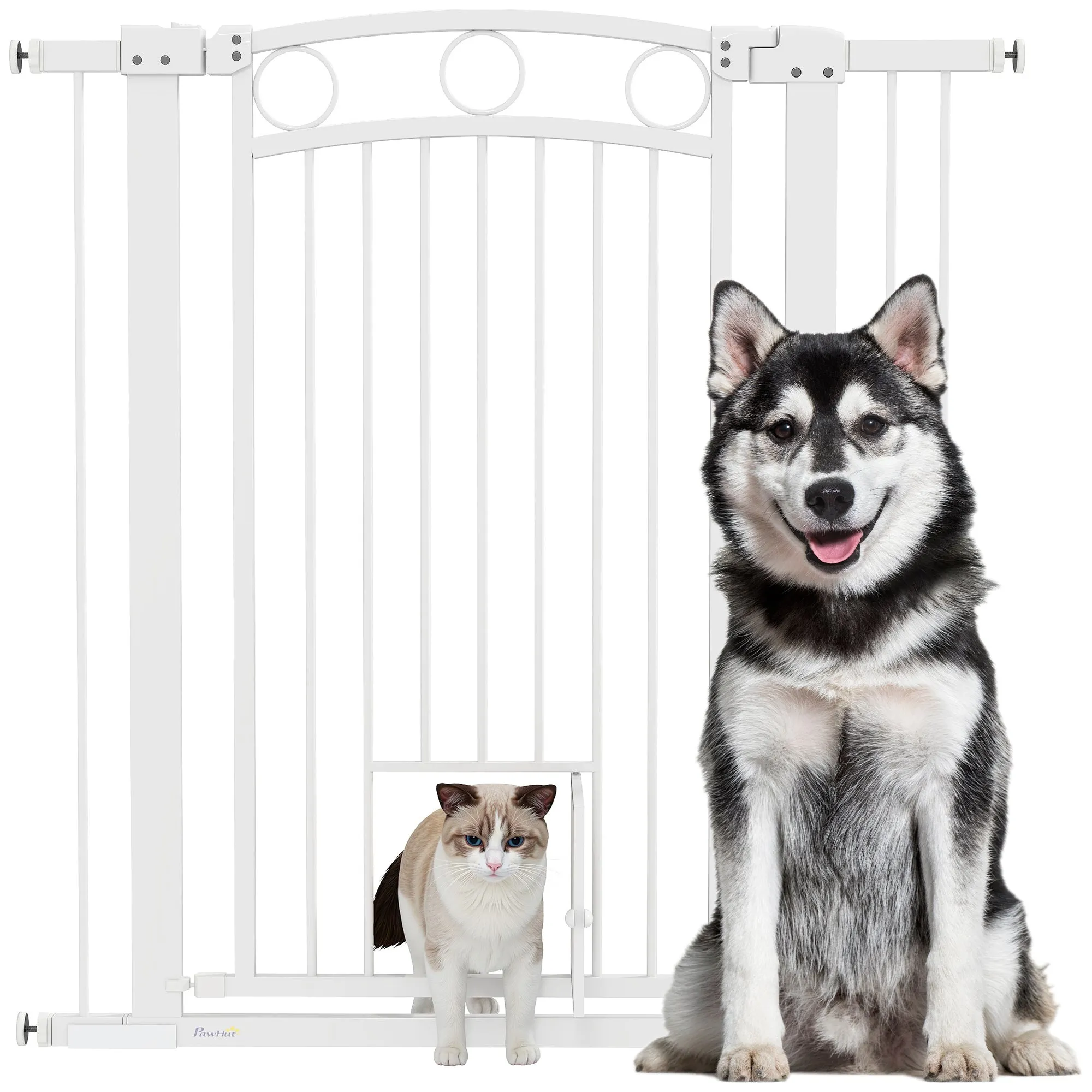 PawHut Stair Gate with Cat Door, Adjustable Width - White