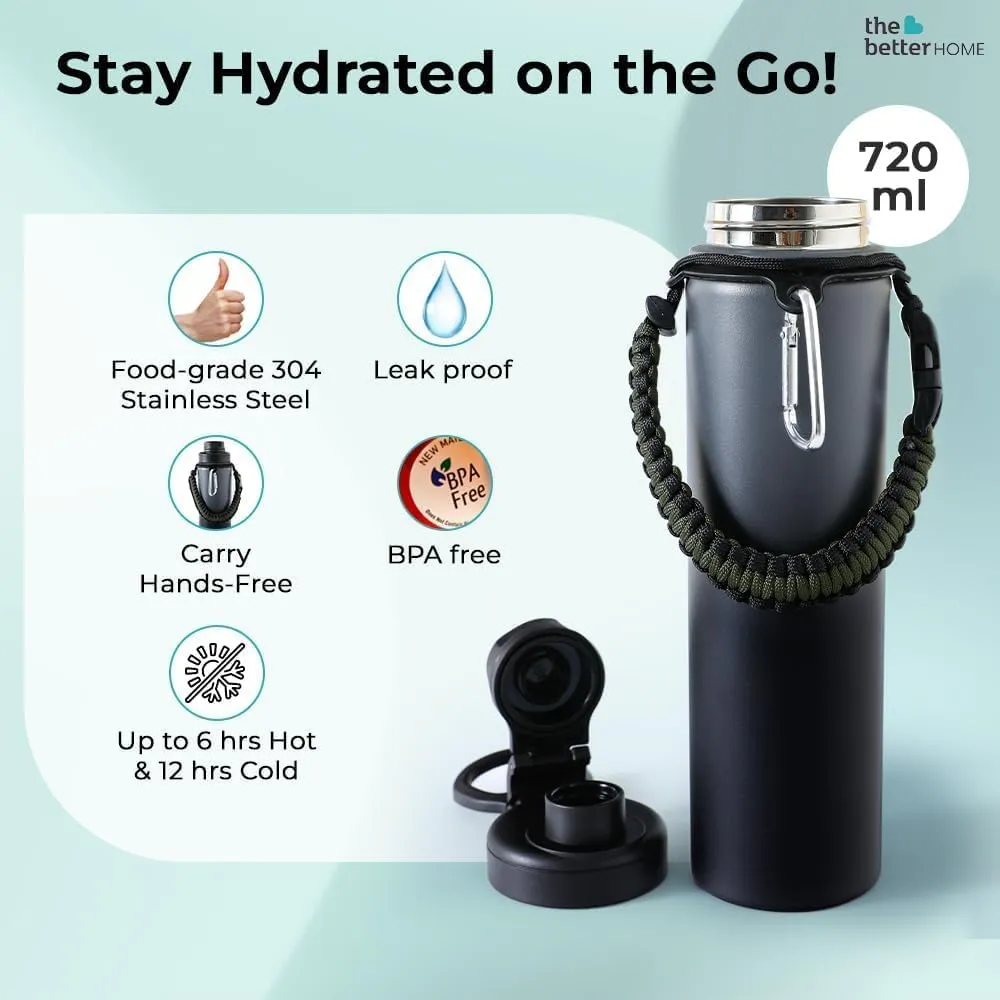 The Better Home Pack of 3 Stainless Steel Insulated Water Bottles | 720 ml Each | Thermos Flask Attachable to Bags & Gears | 6/12 hrs hot & Cold| Water Bottle for School Office Travel | Black-Grey