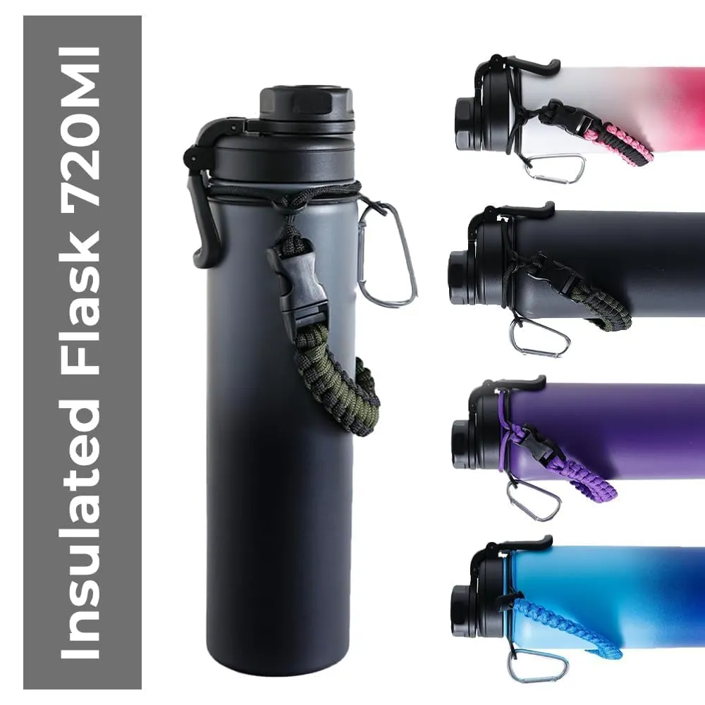 The Better Home Pack of 3 Stainless Steel Insulated Water Bottles | 720 ml Each | Thermos Flask Attachable to Bags & Gears | 6/12 hrs hot & Cold| Water Bottle for School Office Travel | Black-Grey