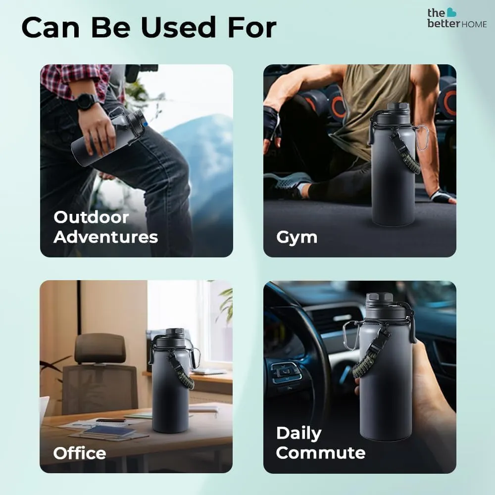 The Better Home Pack of 3 Stainless Steel Insulated Water Bottles | 720 ml Each | Thermos Flask Attachable to Bags & Gears | 6/12 hrs hot & Cold| Water Bottle for School Office Travel | Black-Grey