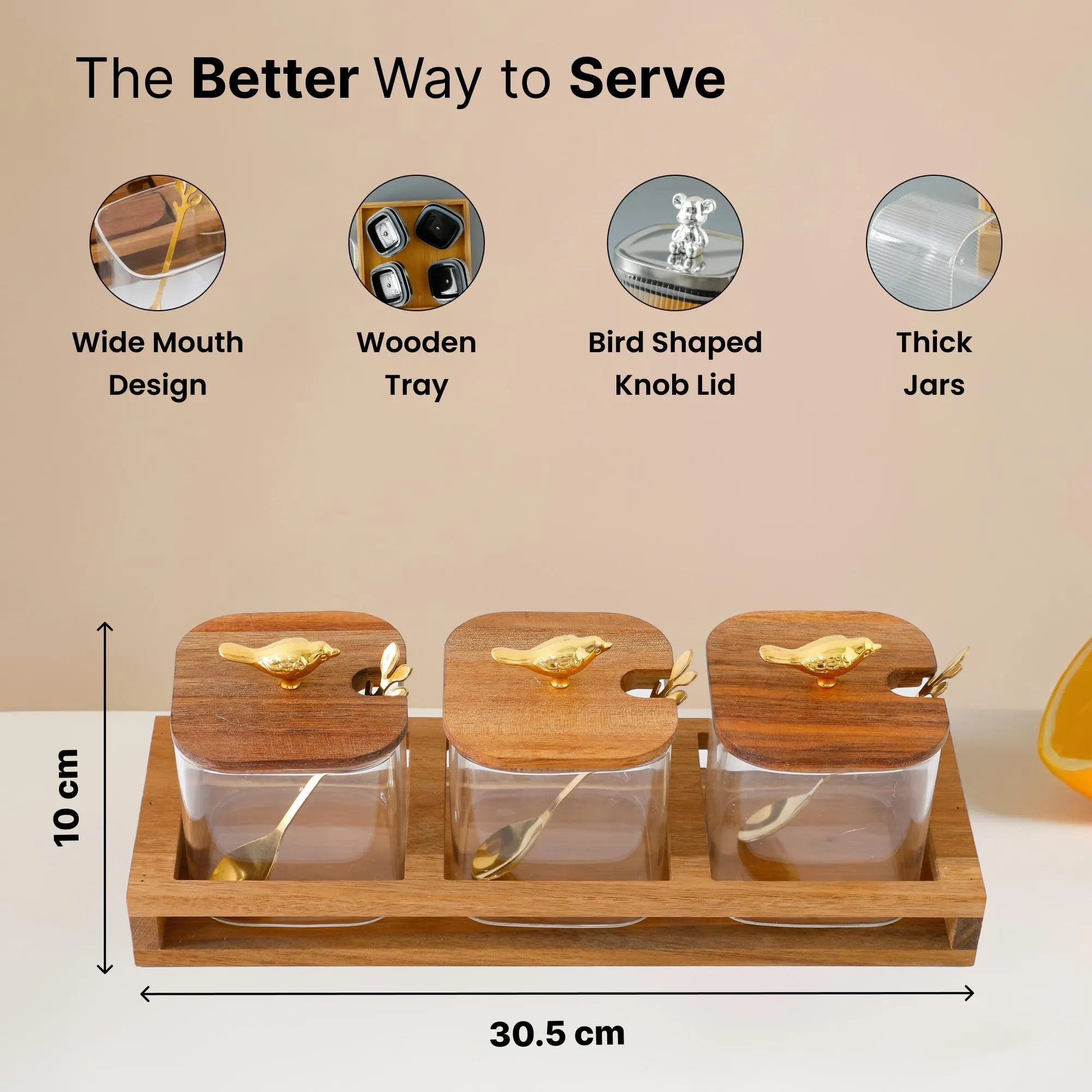 The Better Home Platters Serving Set for Snacks with Wooden Tray, Spoon, 3Jars (380ml Each) | Premium Soda Lime Glass | Snacks Serving Bowls with Tray | Serving Tray with Bowls for Snacks