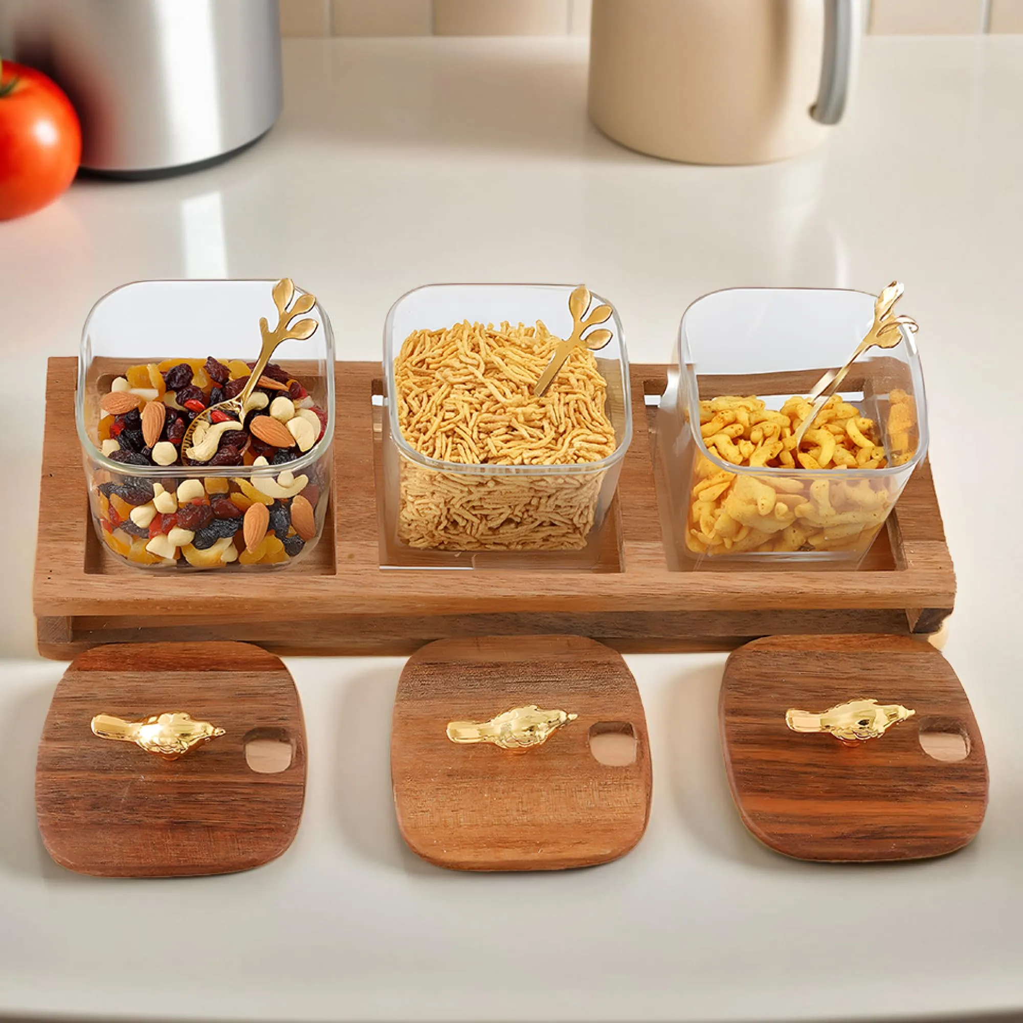 The Better Home Platters Serving Set for Snacks with Wooden Tray, Spoon, 3Jars (380ml Each) | Premium Soda Lime Glass | Snacks Serving Bowls with Tray | Serving Tray with Bowls for Snacks