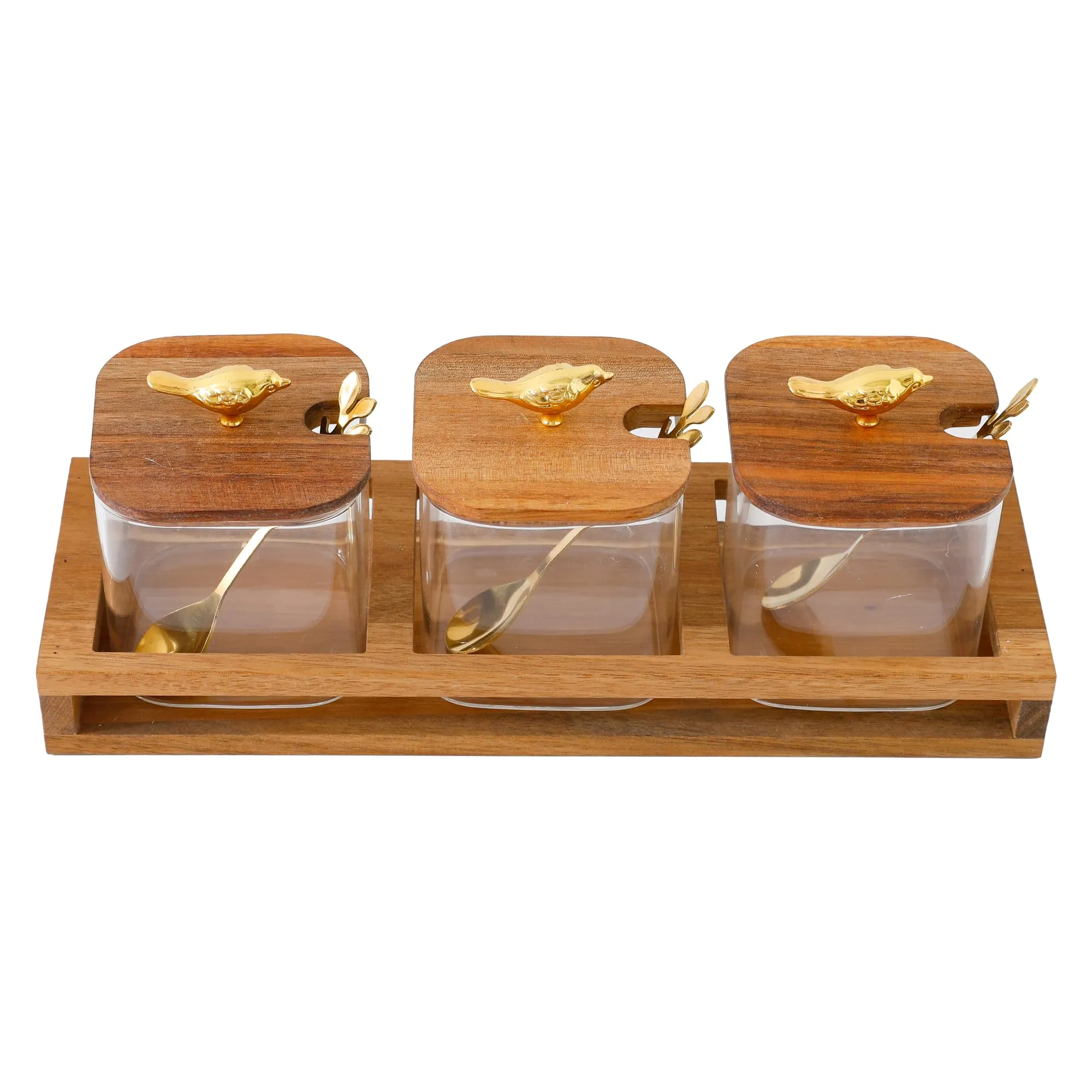 The Better Home Platters Serving Set for Snacks with Wooden Tray, Spoon, 3Jars (380ml Each) | Premium Soda Lime Glass | Snacks Serving Bowls with Tray | Serving Tray with Bowls for Snacks