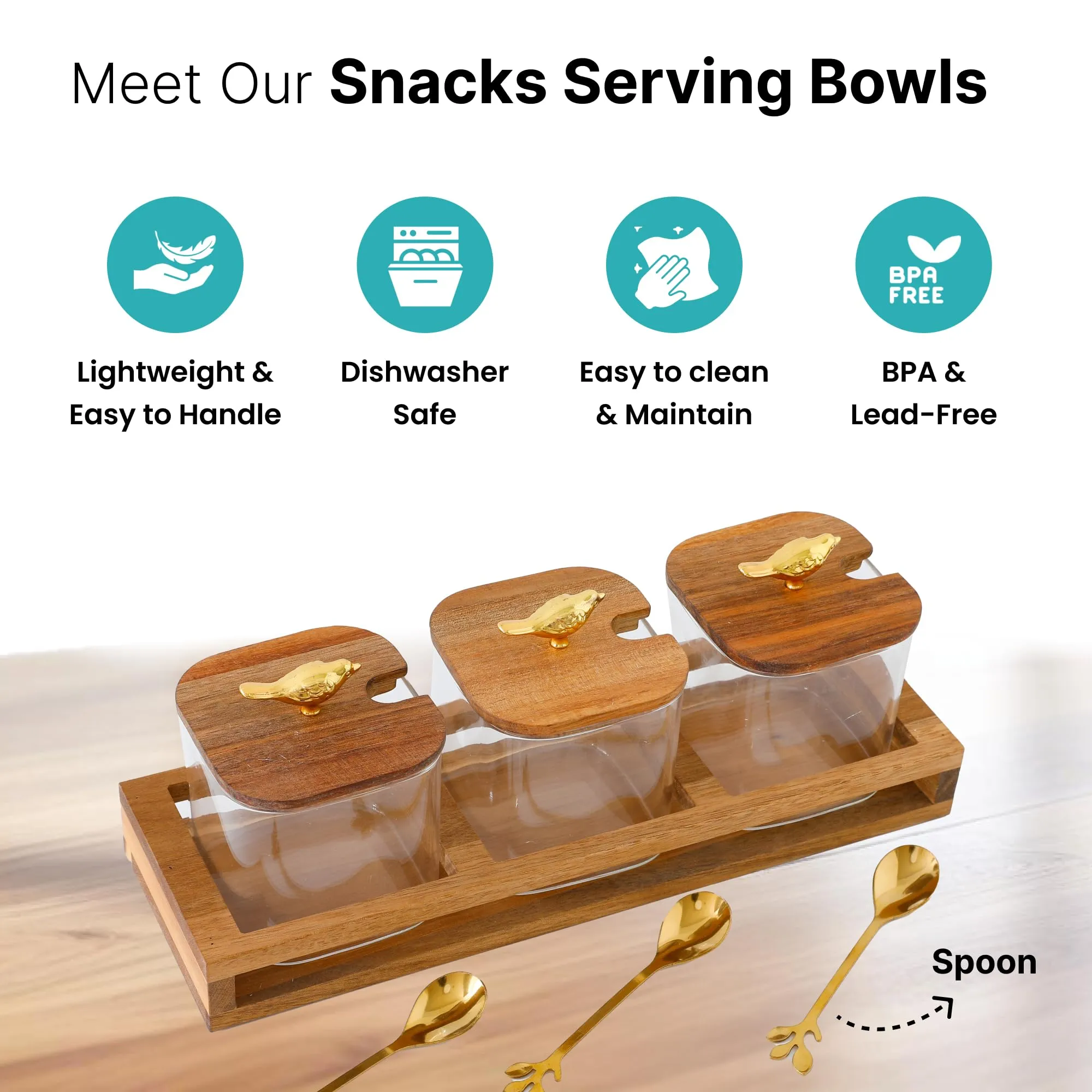 The Better Home Platters Serving Set for Snacks with Wooden Tray, Spoon, 3Jars (380ml Each) | Premium Soda Lime Glass | Snacks Serving Bowls with Tray | Serving Tray with Bowls for Snacks
