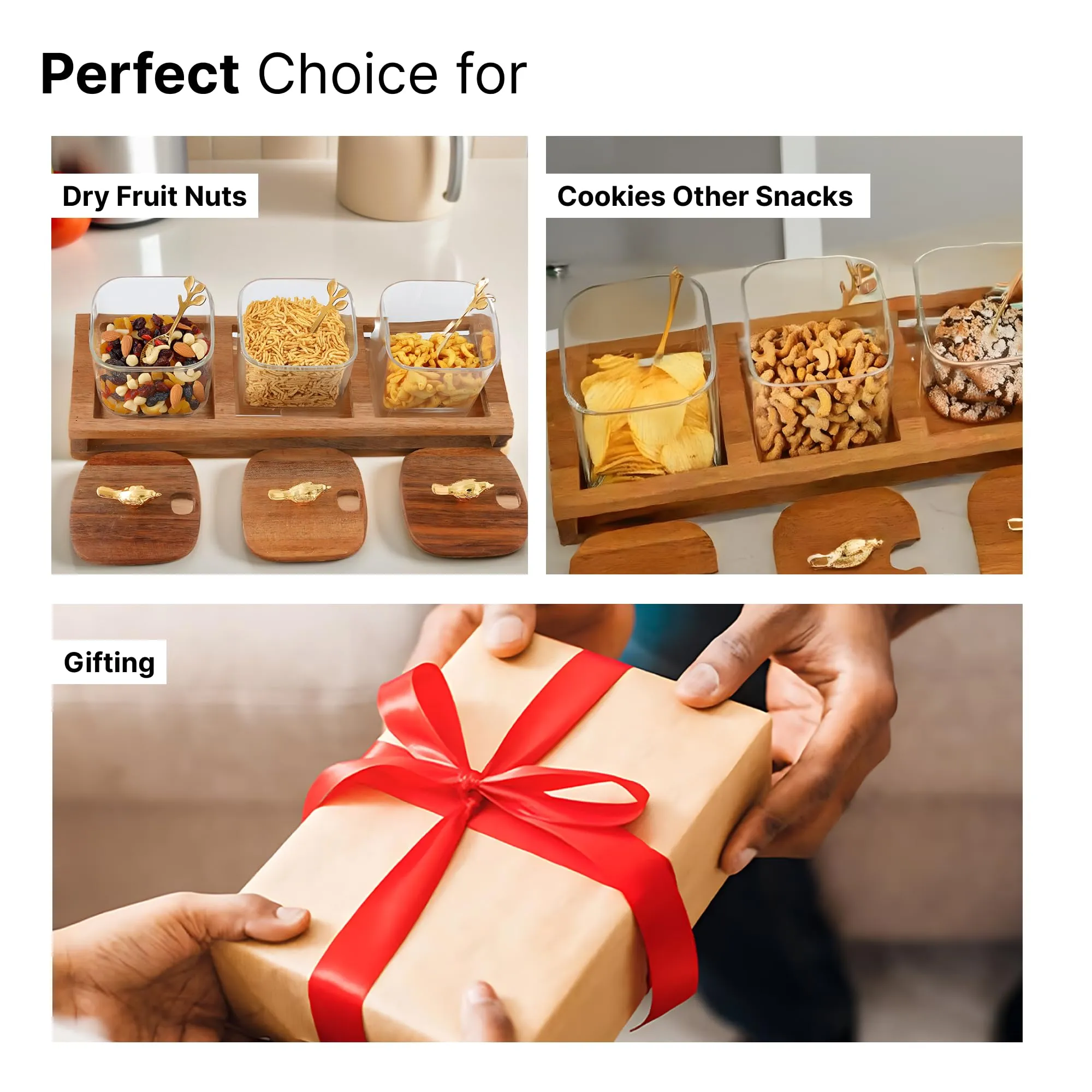 The Better Home Platters Serving Set for Snacks with Wooden Tray, Spoon, 3Jars (380ml Each) | Premium Soda Lime Glass | Snacks Serving Bowls with Tray | Serving Tray with Bowls for Snacks