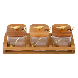 The Better Home Platters Serving Set for Snacks with Wooden Tray, Spoon, 3Jars (380ml Each) | Premium Soda Lime Glass | Snacks Serving Bowls with Tray | Serving Tray with Bowls for Snacks