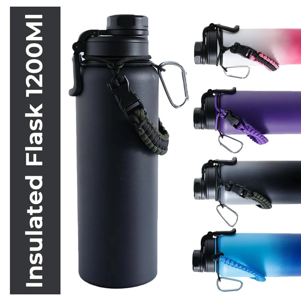 The Better Home Stainless Steel Insulated Water Bottles | 1200 ml Each | Thermos Flask Attachable to Bags & Gears | 6 hrs hot & 12 hrs Cold | Water Bottle for School Office Travel | Black