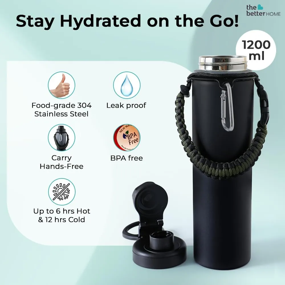 The Better Home Stainless Steel Insulated Water Bottles | 1200 ml Each | Thermos Flask Attachable to Bags & Gears | 6 hrs hot & 12 hrs Cold | Water Bottle for School Office Travel | Black