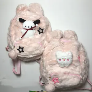 Y2K Bear Cartoon Doll Plush Fluff Cute Mini School Backpack Bag