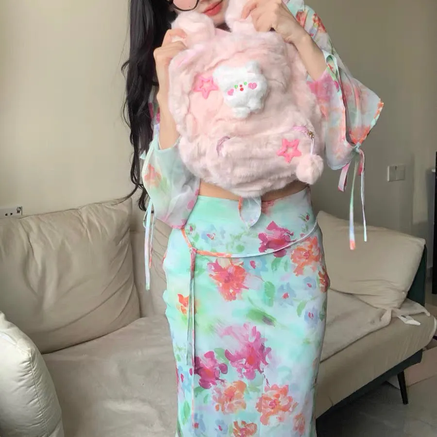 Y2K Bear Cartoon Doll Plush Fluff Cute Mini School Backpack Bag