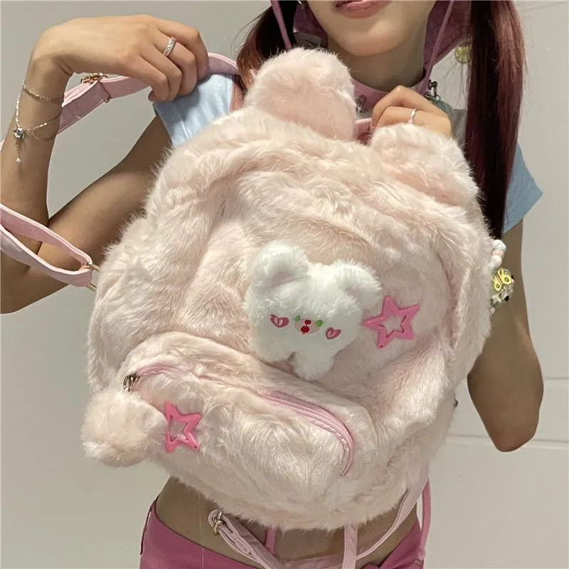 Y2K Bear Cartoon Doll Plush Fluff Cute Mini School Backpack Bag