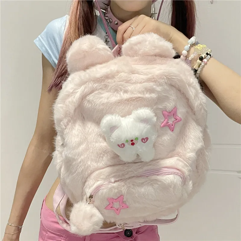 Y2K Bear Cartoon Doll Plush Fluff Cute Mini School Backpack Bag